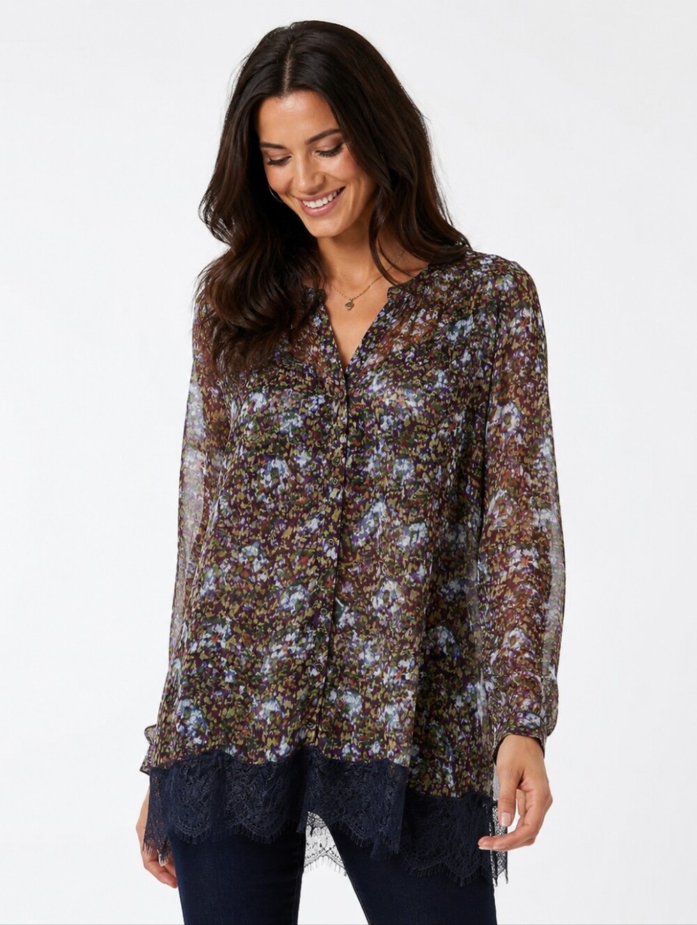 Soft Surroundings Sheer Floral Lace Hem Tunic Blouse Boho Romantic Purple Medium